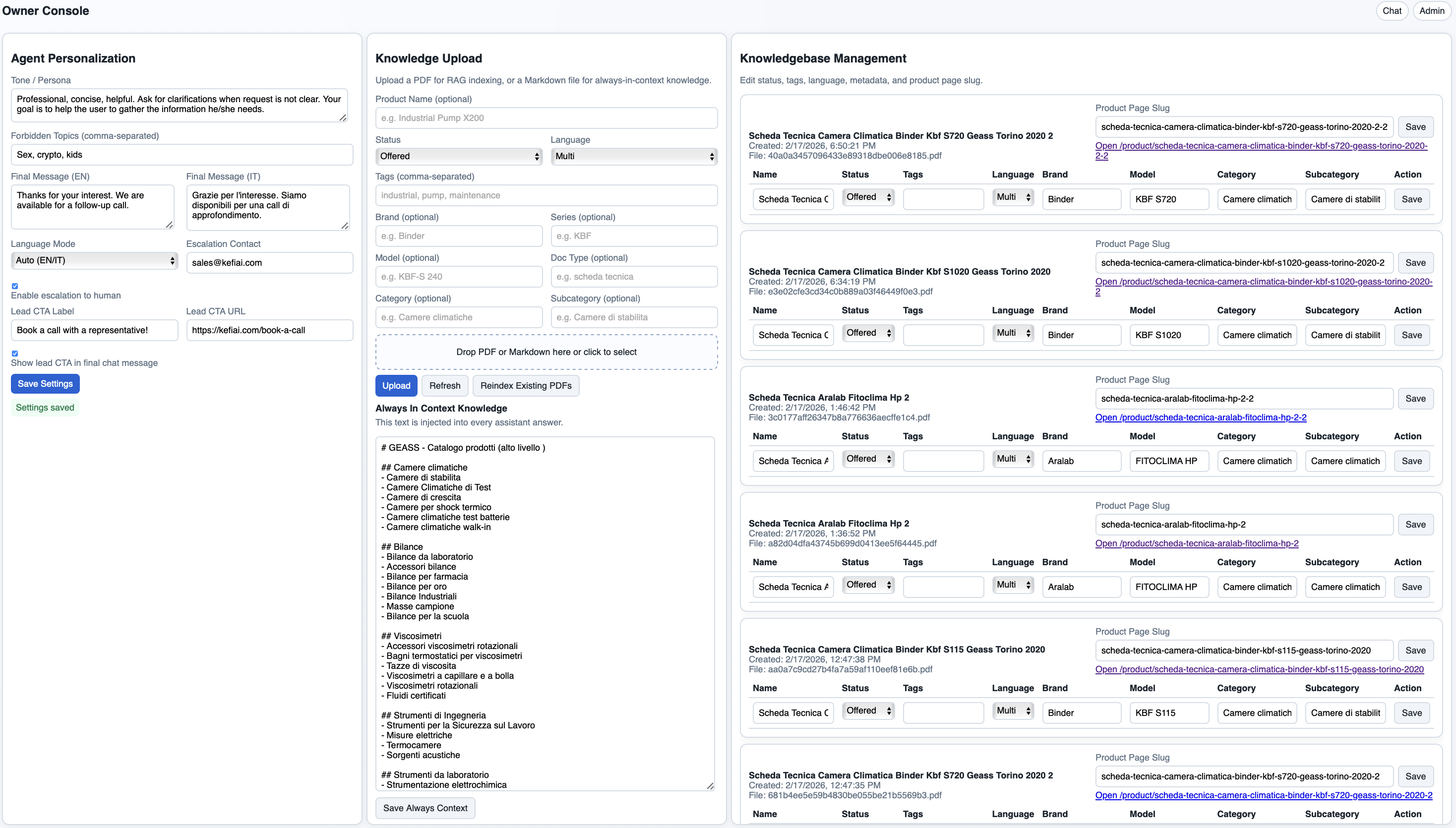 Pre-Sales AI Chatbot admin panel
